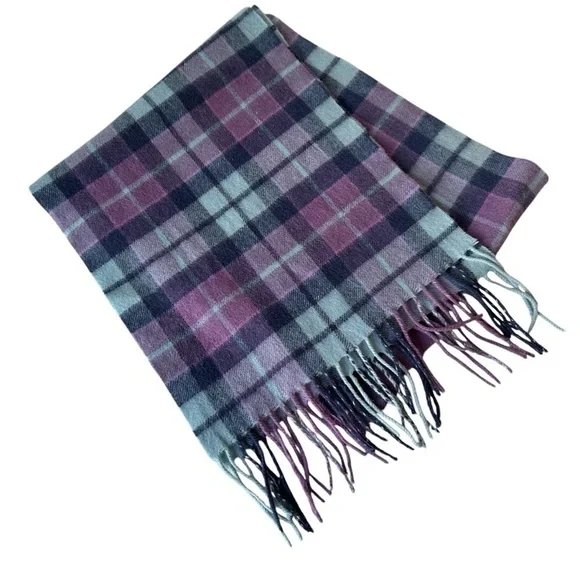 Lochmere 100% Cashmere Fringed Plaid Scarf in Purple and Blue - Picture 5 of 9
